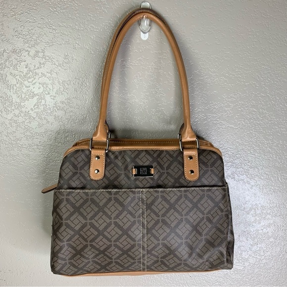 Big Buddha 2 Tone Brown Logo Pattern 3 Large Compartment Top Zip Satchel Handbag - Picture 2 of 16